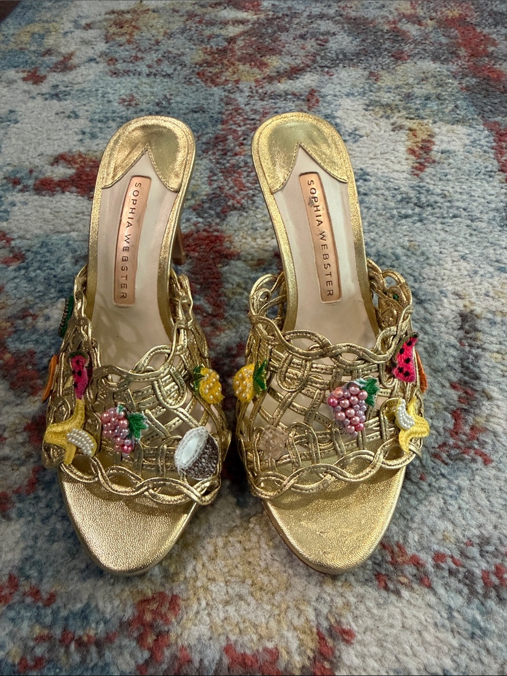 Sophia Webster Gold Embellished Woven Slide Heels with Fruit Appliqués